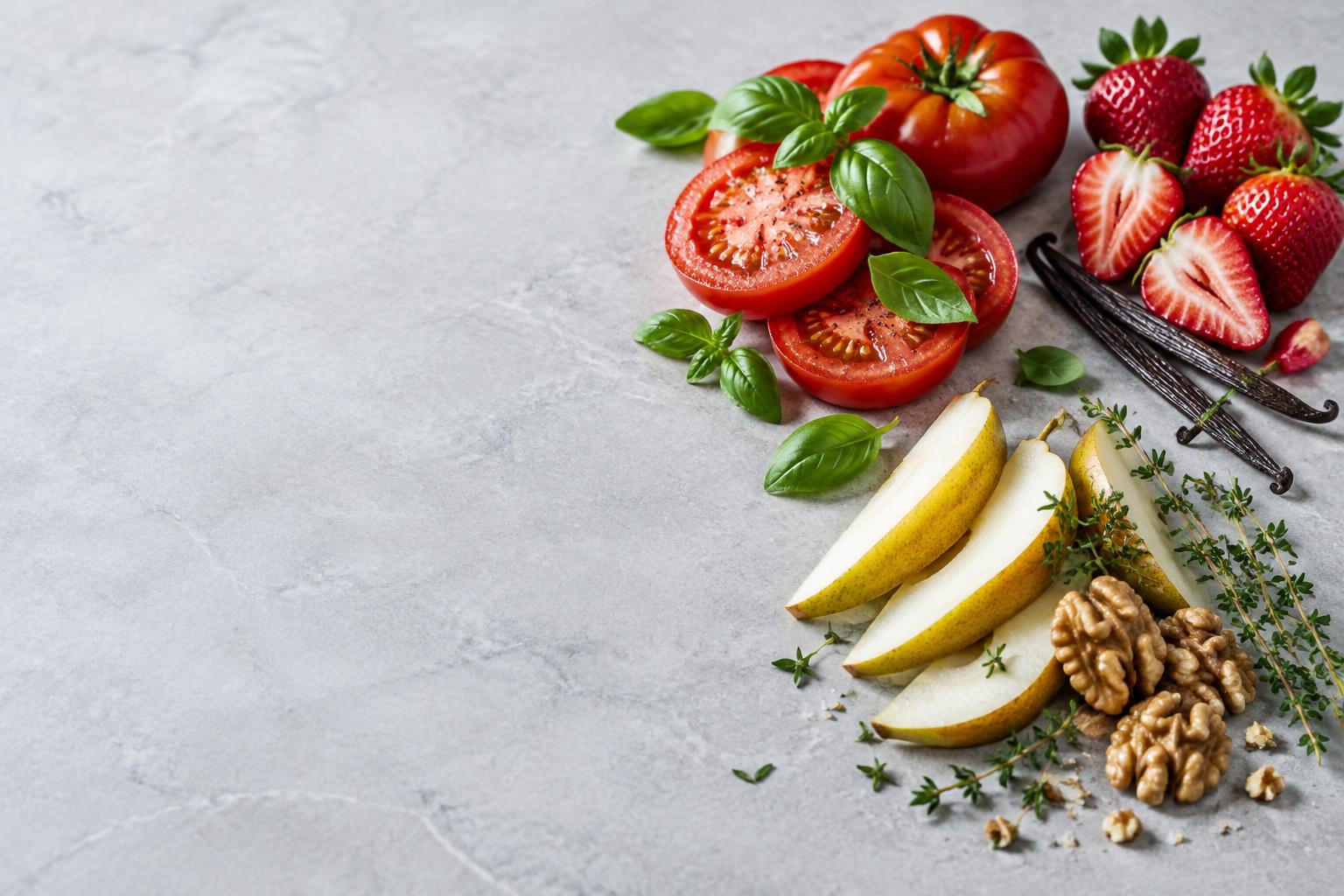 Tomato with basil, strawberry with vanilla and pear with walnuts