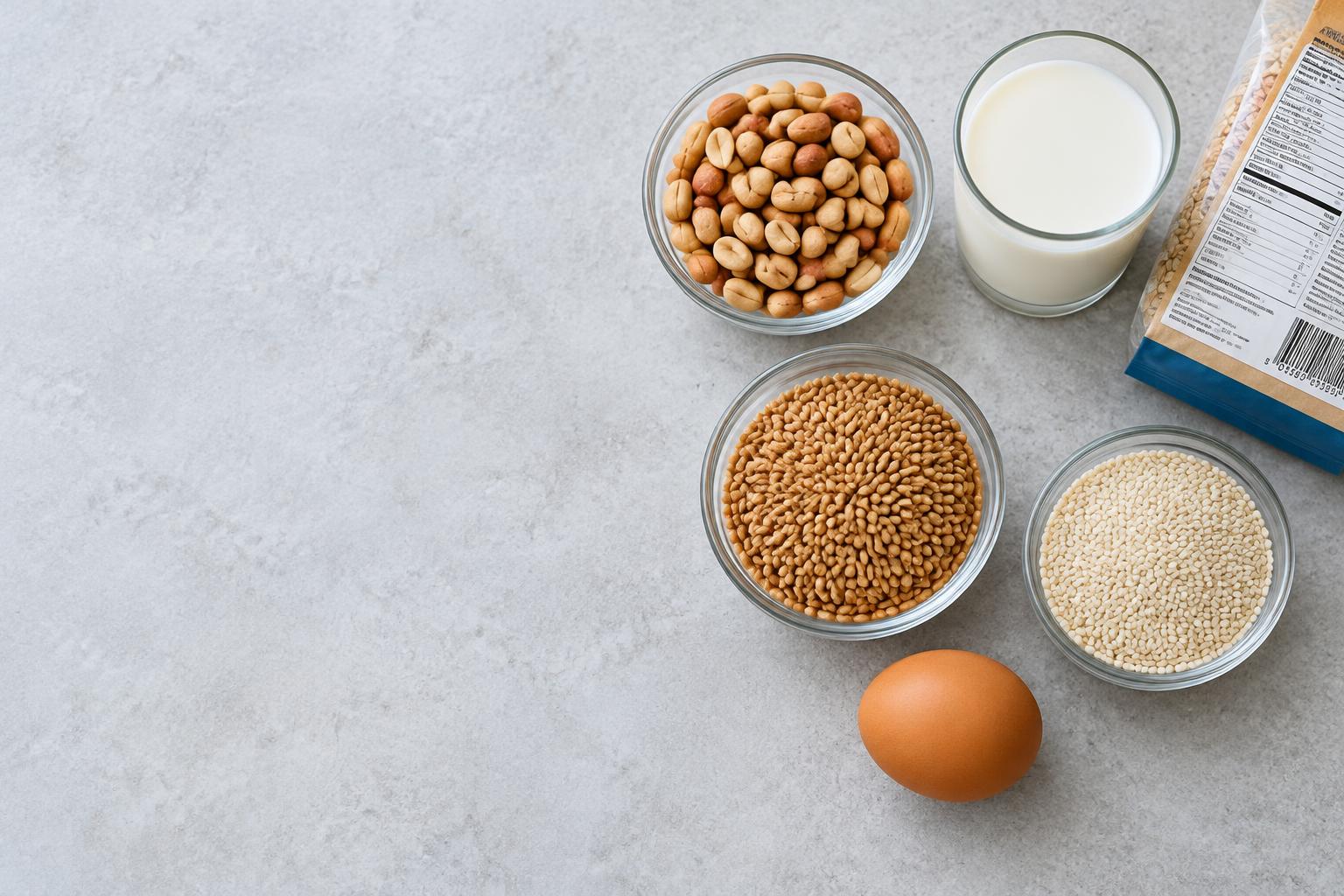 Peanuts, milk, wheat, sesame and an egg illustrating food allergen sources