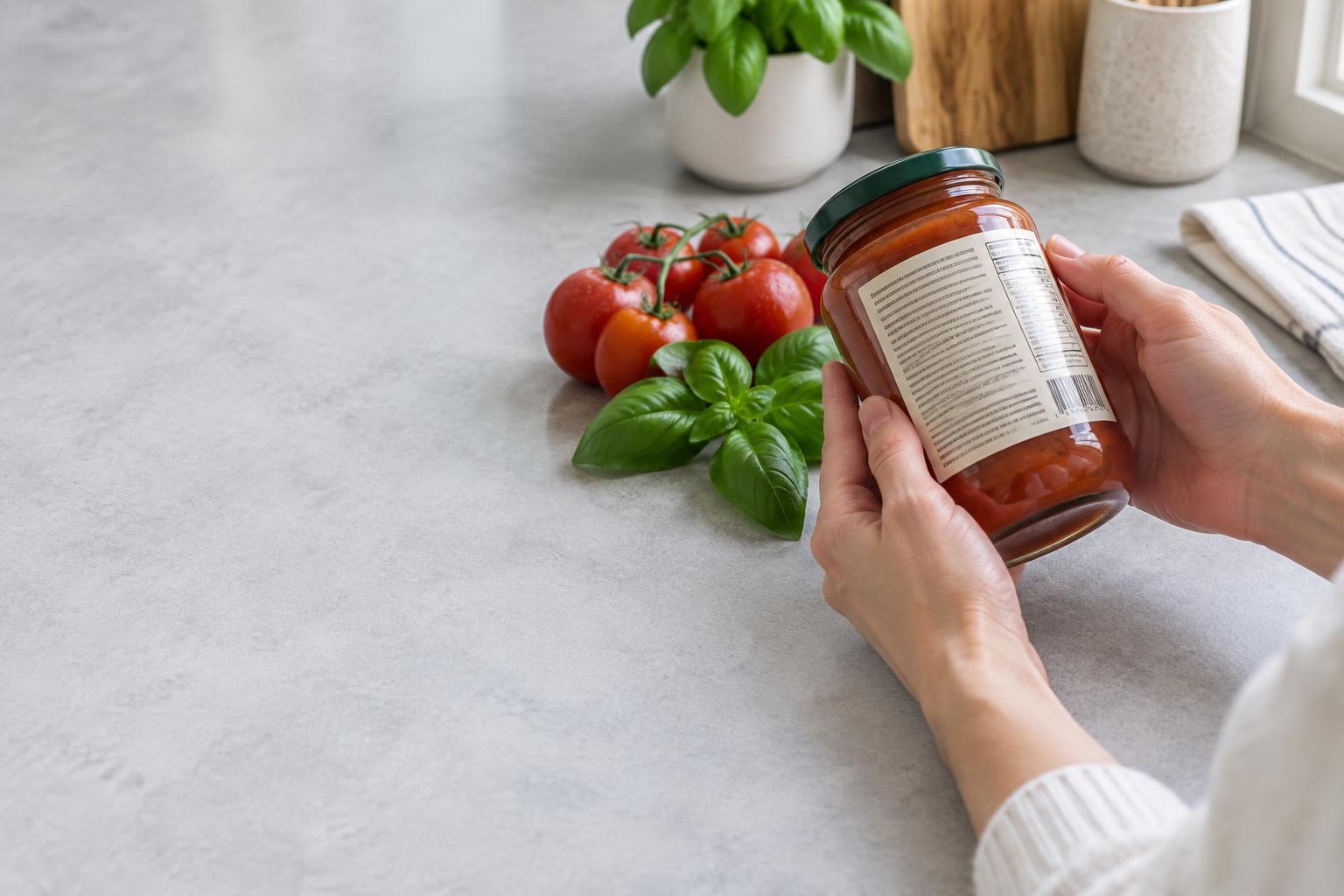 Reading a packaged food ingredient label beside tomatoes and basil