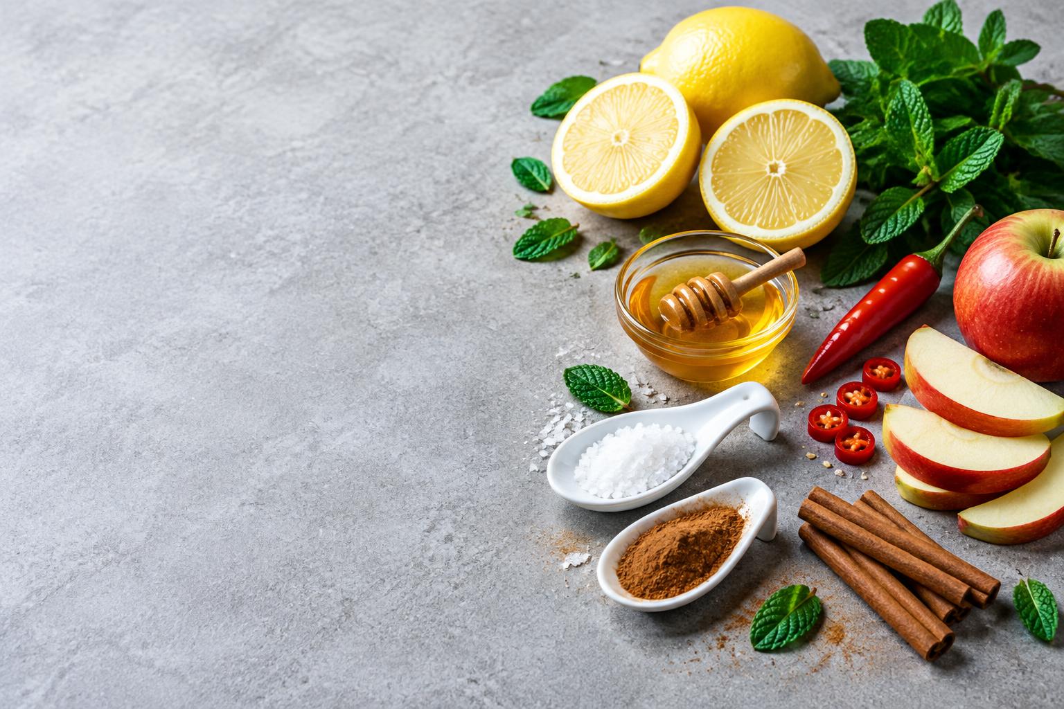Lemon, mint, chili, honey and apple showing contrasting sensory characteristics