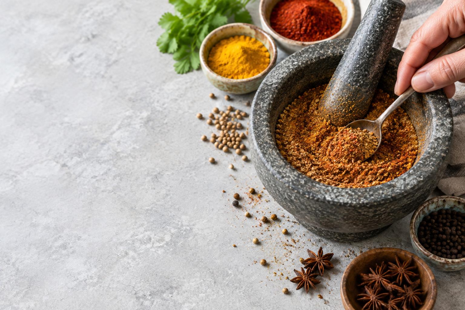 Mixing ground spices in a mortar beside turmeric, pepper and coriander